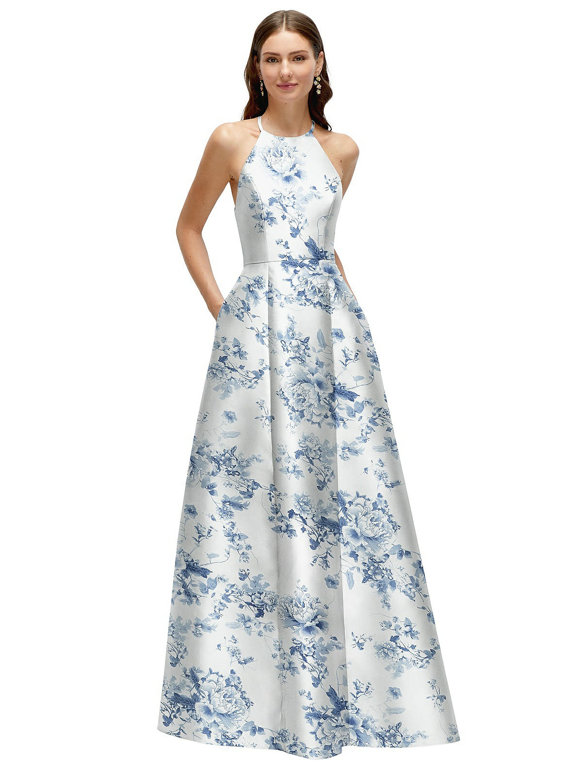 Jewel Neck Halter Full A-line Satin Floral Maxi Bridesmaid