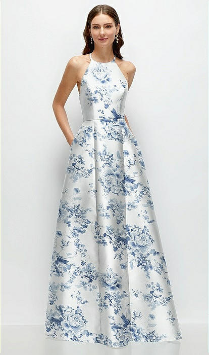 Jewel Neck Halter Full A-line Satin Floral Maxi Bridesmaid