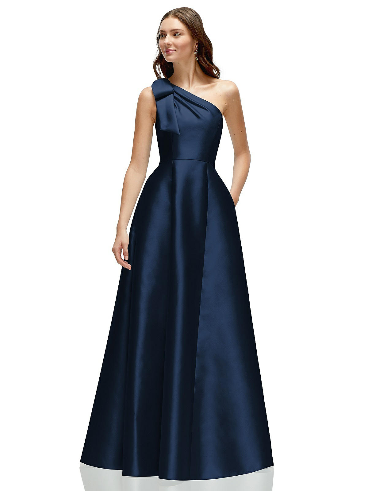 パーティードレス Navy One Shoulder Dress 11000-midn-front!bgwh-yawah.jpg