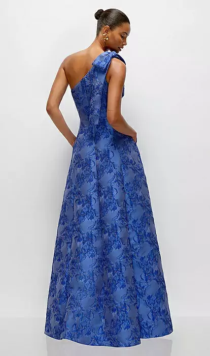 Cobalt Blue Bow One-shoulder Full A-line Floral Metallic