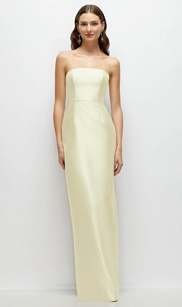 Front View - Butter Yellow Strapless Satin Column Dress with Back Slit