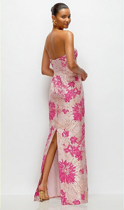 Hibiscus Pink Strapless Floral Jacquard Column Bridesmaid