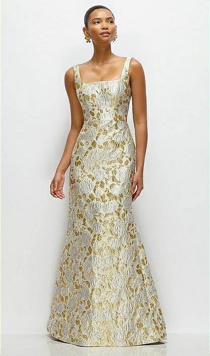 Gold Leaf Brocade Floral Square Neck Maxi Bridesmaid Dress