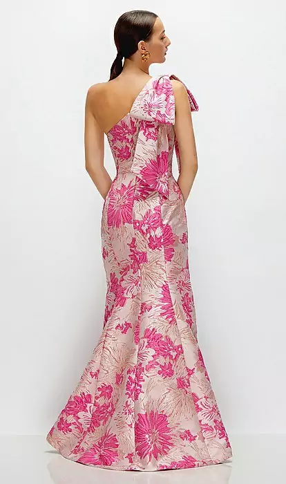 Hibiscus Pink Bow One-shoulder Floral Jacquard Maxi