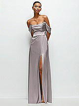 Front View Thumbnail - Cashmere Gray A-Line Satin Maxi Dress with Convertible Off-the-Shoulder or Strapless Looks