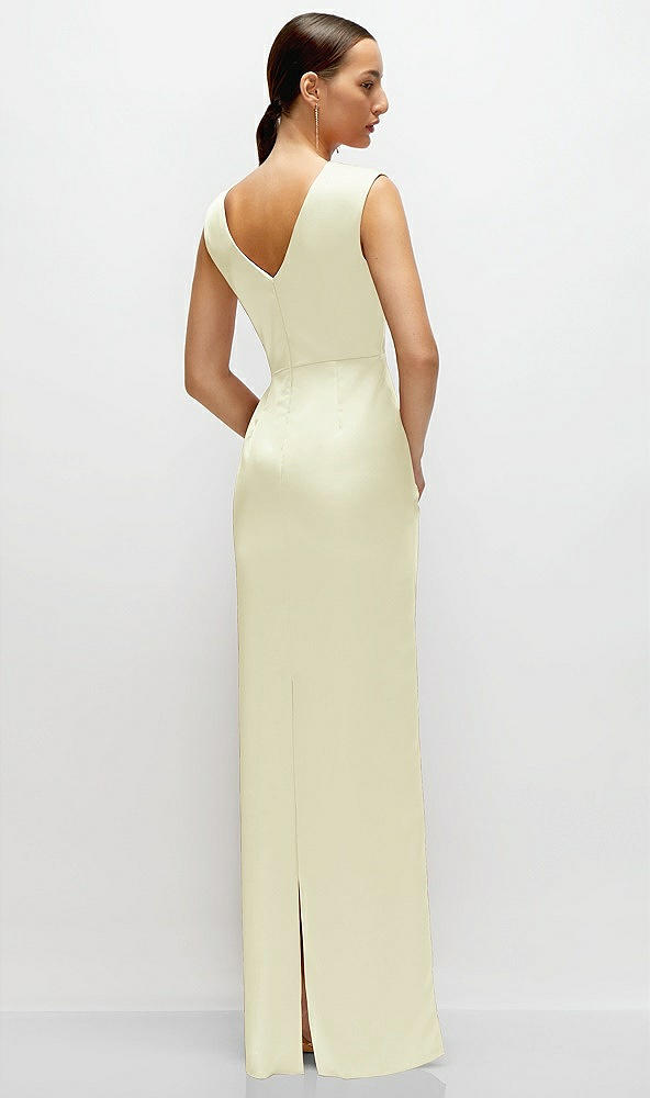 Back View - Butter Yellow High Neck Sleeveless Cap Shoulder Satin Maxi Dress
