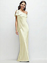 Front View Thumbnail - Butter Yellow One-Shoulder Bias-Cut Satin Maxi Dress with Cascading Shoulder Bow