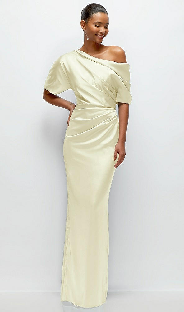 Front View - Butter Yellow Asymmetrical Off-the-Shoulder Pleated Satin Maxi Dress