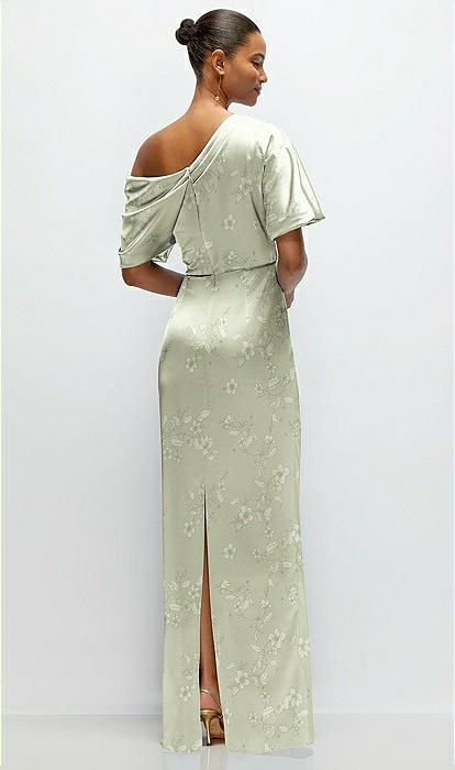 Asymmetrical Off-the-shoulder Draped Floral Satin Maxi