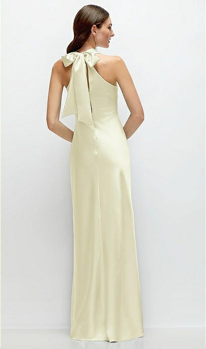 Pleated Halter Bias Satin Maxi Bridesmaid Dress With Self