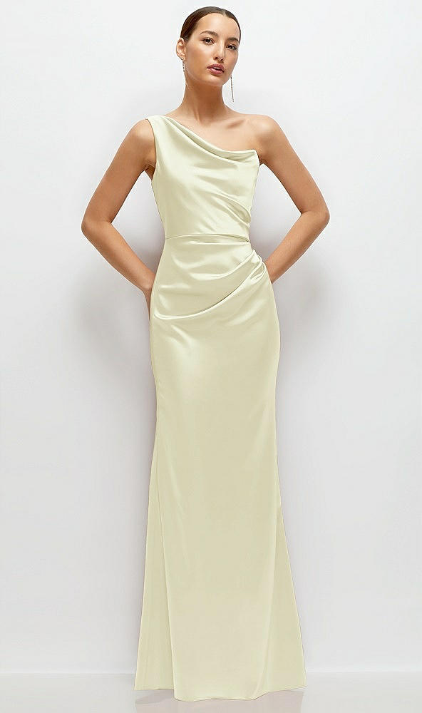 Front View - Butter Yellow One-Shoulder Cat-Eye Neckline Fit and Flare Satin Maxi Dress