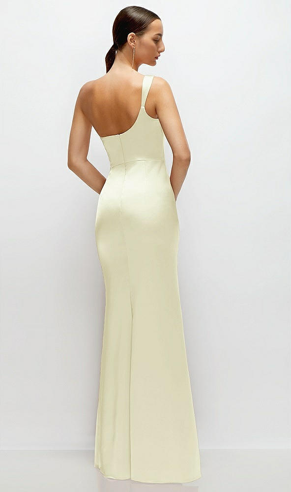 Back View - Butter Yellow One-Shoulder Cat-Eye Neckline Fit and Flare Satin Maxi Dress