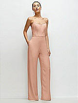 Front View Thumbnail - Pale Peach Strapless Cat-Eye Corset Crepe Wedding Jumpsuit