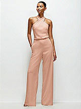 Front View Thumbnail - Pale Peach Pleated Halter Blouson Crepe Wedding Jumpsuit with Self-Tie Bow Back