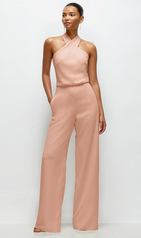 Front View - Pale Peach Pleated Halter Blouson Crepe Wedding Jumpsuit with Self-Tie Bow Back