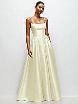 Front View Thumbnail - Butter Yellow Scoop Neck Drop Basque Skirt Satin Maxi Dress with Pockets