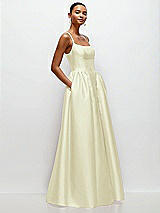 Side View Thumbnail - Butter Yellow Scoop Neck Drop Basque Skirt Satin Maxi Dress with Pockets