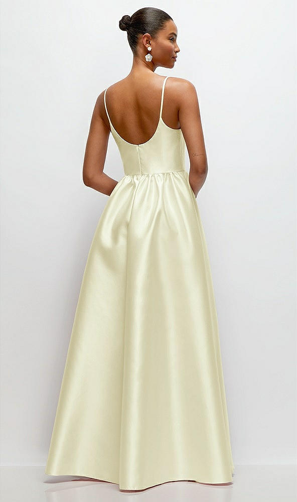 Back View - Butter Yellow Scoop Neck Drop Basque Skirt Satin Maxi Dress with Pockets