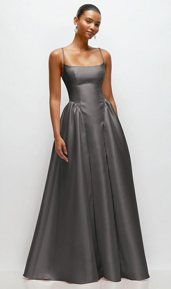 Front View - Caviar Gray Scoop Neck Drop Basque Skirt Satin Maxi Dress with Pockets