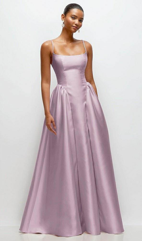 Front View - Suede Rose Scoop Neck Drop Basque Skirt Satin Maxi Dress with Pockets
