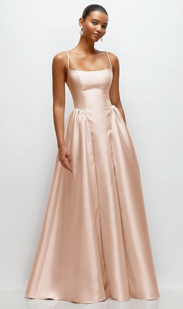 Front View - Cameo Scoop Neck Drop Basque Skirt Satin Maxi Dress with Pockets