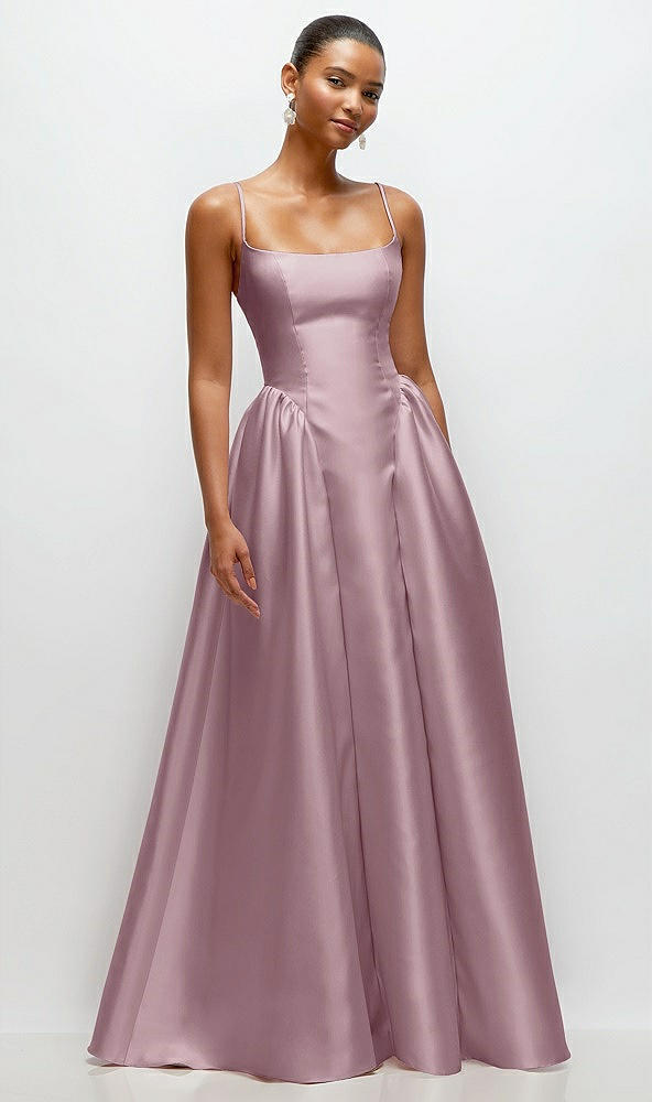 Front View - Dusty Rose Scoop Neck Drop Basque Skirt Satin Maxi Dress with Pockets