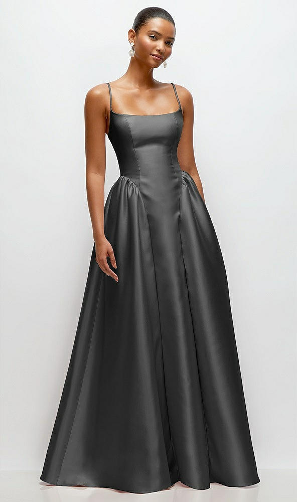 Front View - Pewter Scoop Neck Drop Basque Skirt Satin Maxi Dress with Pockets