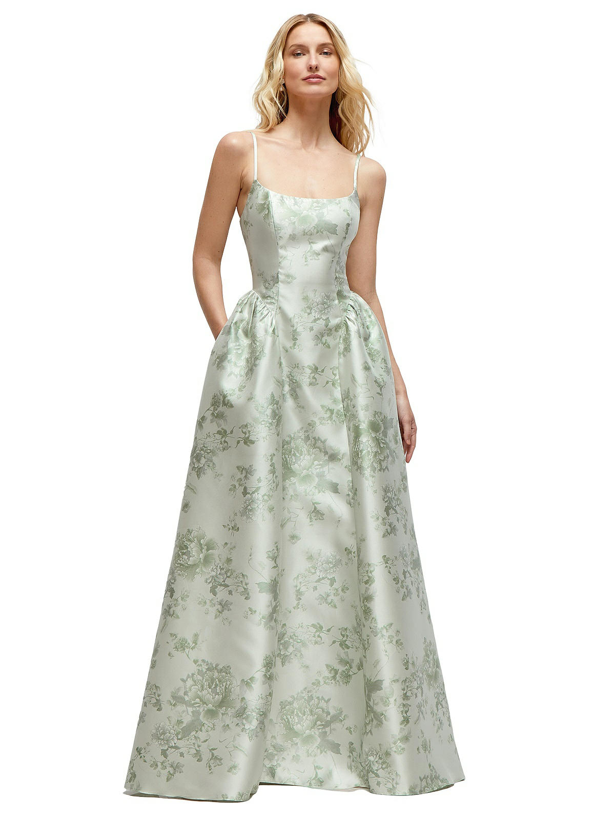 Scoop Neck Drop Basque Skirt Floral Satin Maxi Bridesmaid