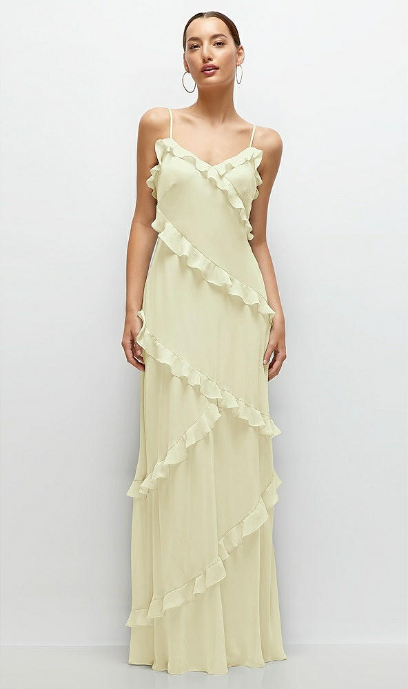 Front View - Butter Yellow Asymmetrical Ruffle Chiffon Bias Slip Maxi Dress