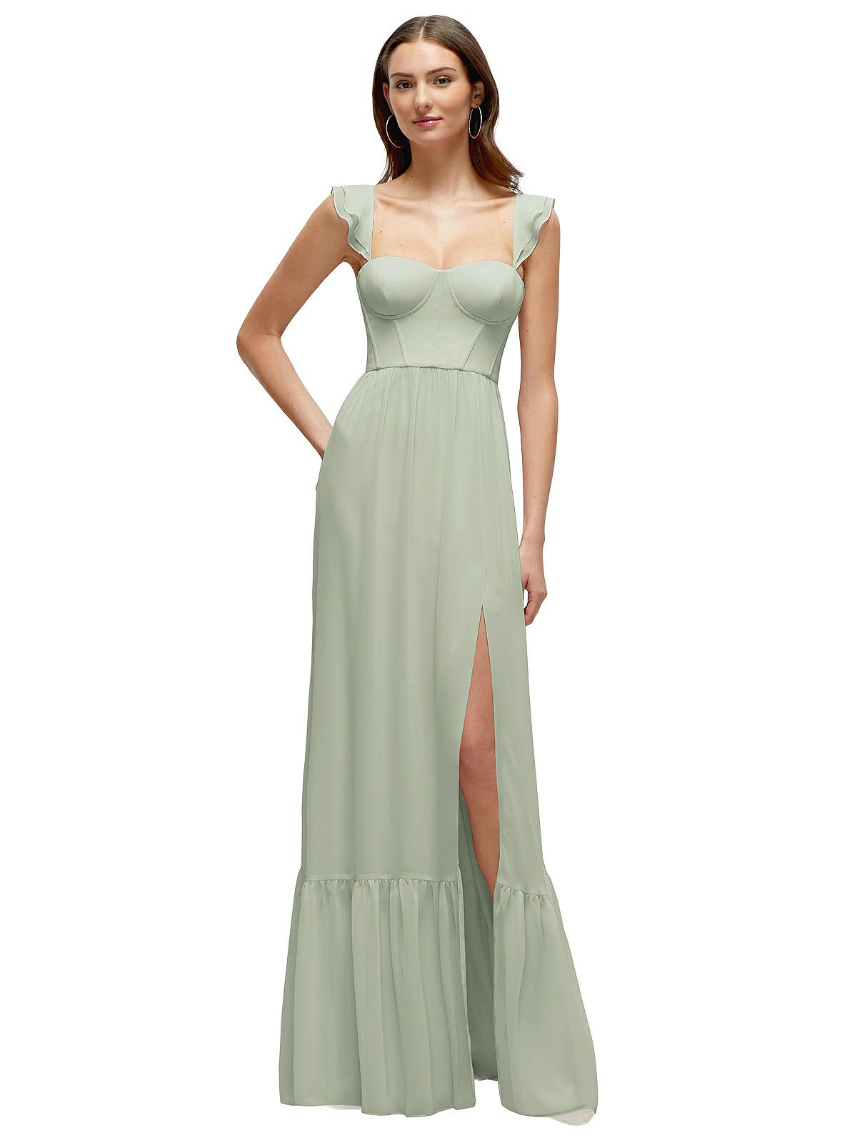 Ruffle Strap Chiffon Bustier Maxi Dress with Ruffle Hem A-Line Skirt