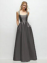 Front View Thumbnail - Caviar Gray Scoop Neck Inset Corset Satin Maxi Dress with Pockets