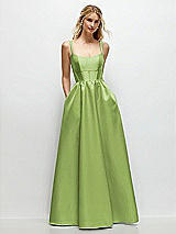 Front View Thumbnail - Mojito Scoop Neck Inset Corset Satin Maxi Dress with Pockets