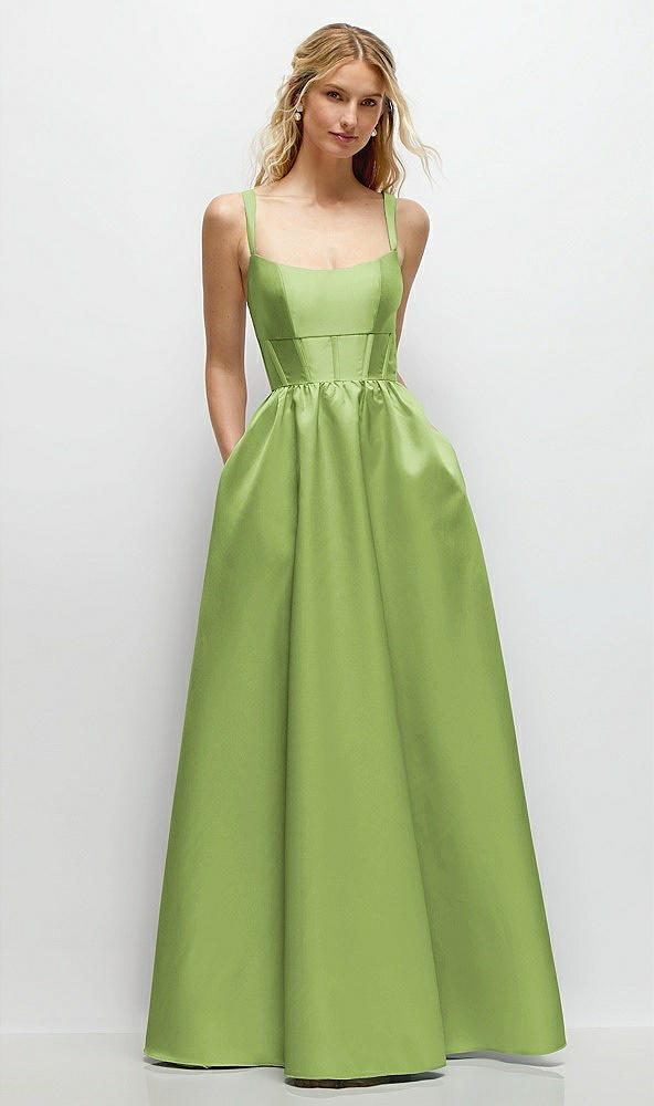Front View - Mojito Scoop Neck Inset Corset Satin Maxi Dress with Pockets