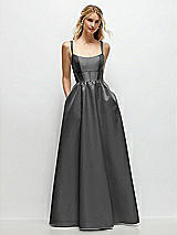 Front View Thumbnail - Gunmetal Scoop Neck Inset Corset Satin Maxi Dress with Pockets