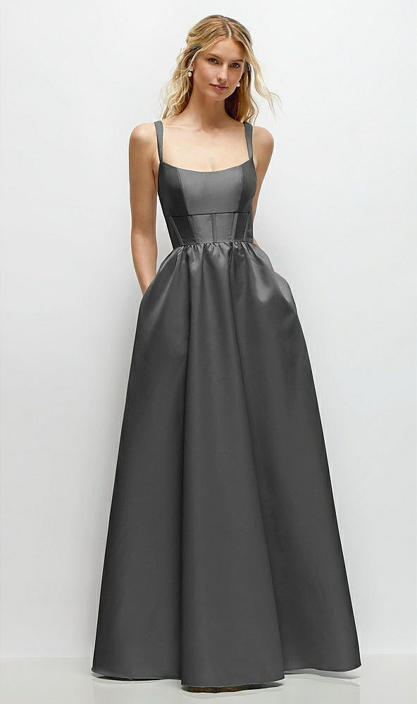 Front View - Gunmetal Scoop Neck Inset Corset Satin Maxi Dress with Pockets