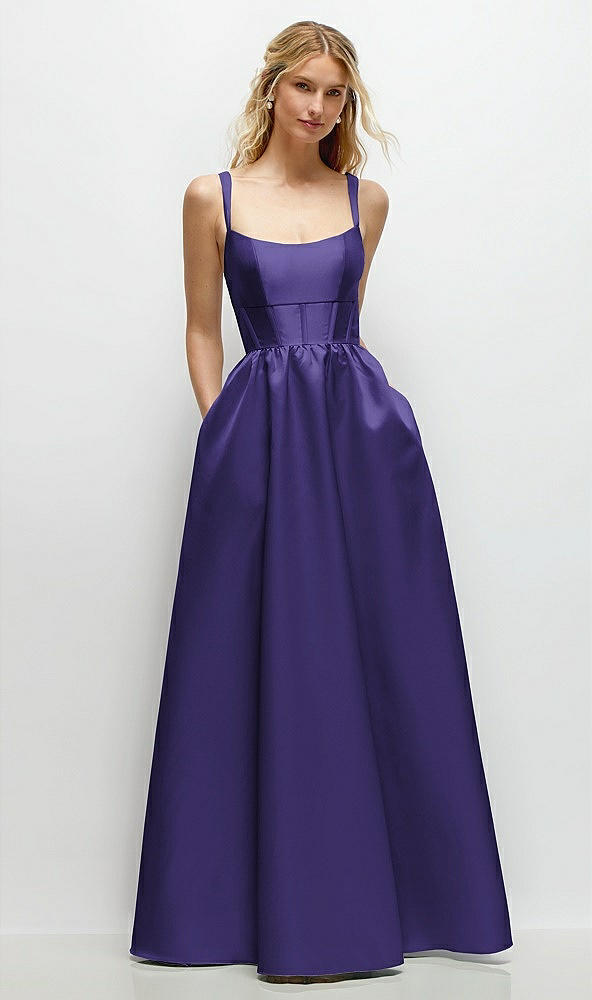 Front View - Grape Scoop Neck Inset Corset Satin Maxi Dress with Pockets