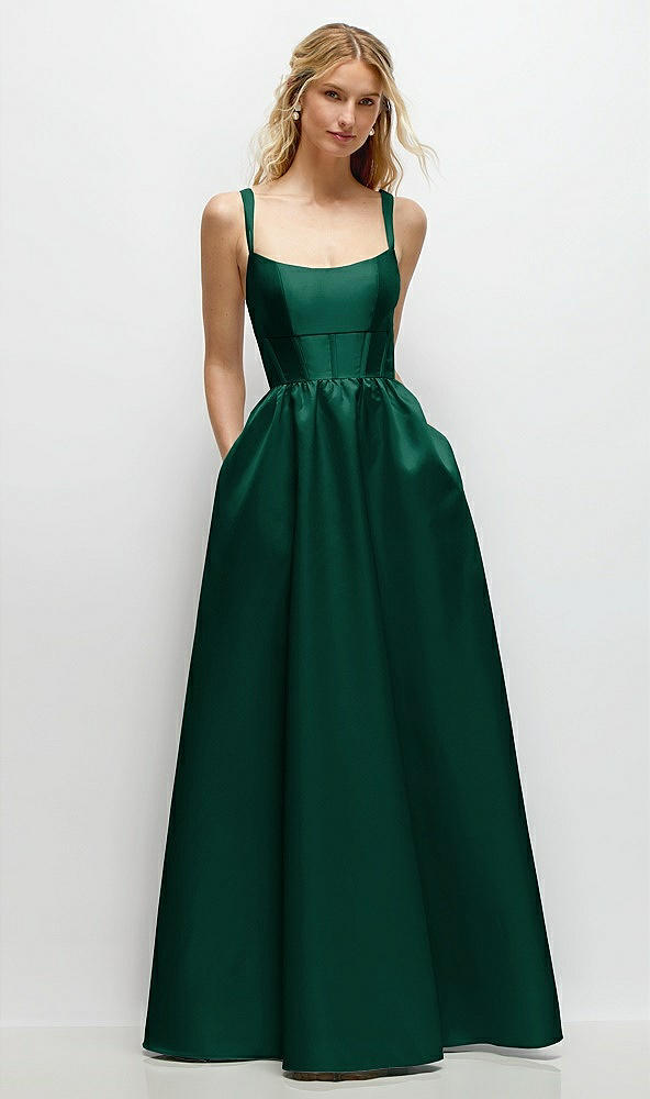 Front View - Hunter Green Scoop Neck Inset Corset Satin Maxi Dress with Pockets