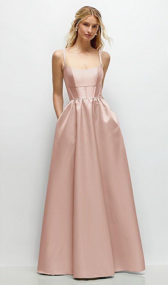 Front View - Toasted Sugar Scoop Neck Inset Corset Satin Maxi Dress with Pockets