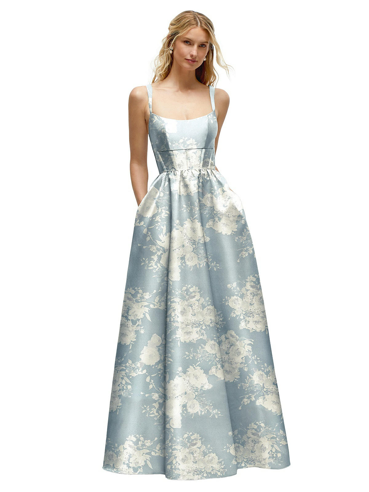 Scoop Neck Inset Corset Floral Satin Maxi Dress with Pockets