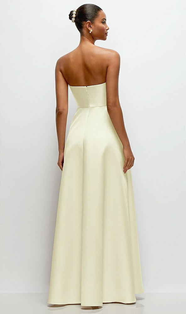 Back View - Butter Yellow Strapless Draped Cat-Eye Satin Maxi Dress with Full Skirt