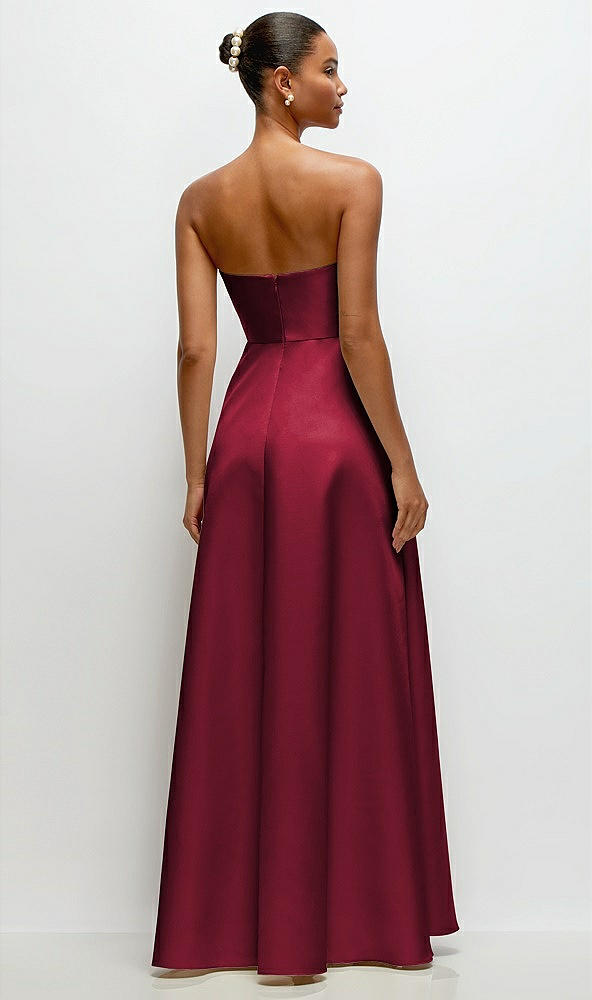 Back View - Burgundy Strapless Draped Cat-Eye Satin Maxi Dress with Full Skirt