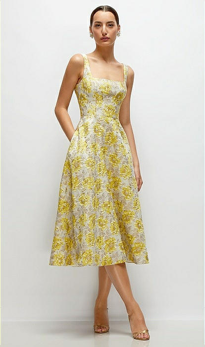 Golden Yellow Square Neck Floral Jacquard Midi Bridesmaid Dress In Golden  Yellow | The Dessy Group