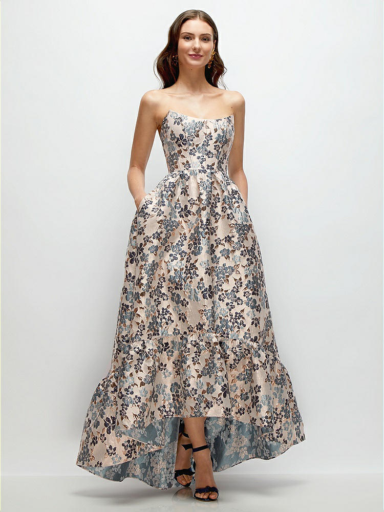 Strapless Cat-eye Corset Gilt Indigo Brocade Floral Mini