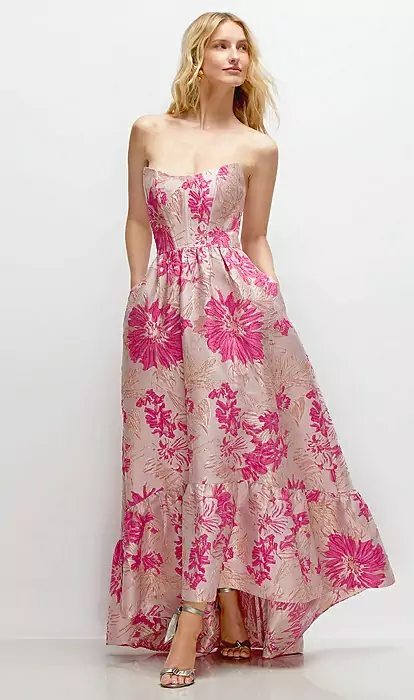 Strapless Cat-eye Corset Hibiscus Pink Floral Jacquard High