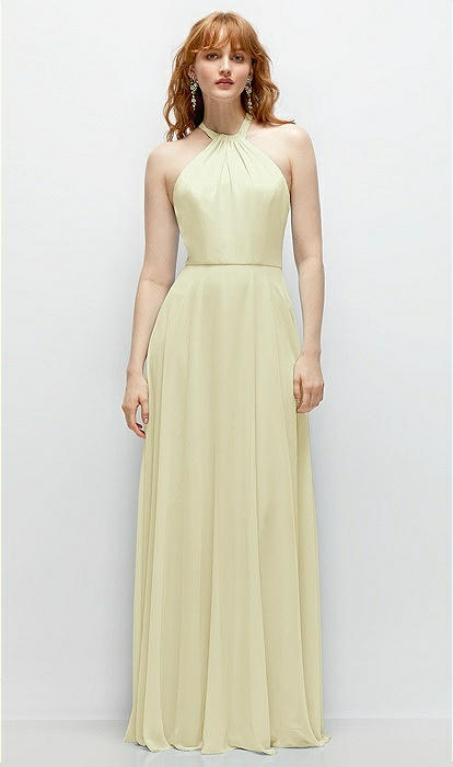 Shirred Halter Chiffon Maxi Bridesmaid Dress With Back Sash