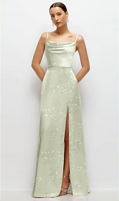 Floral Cowl Neck Satin Maxi Bridesmaid Dress With Adjustable