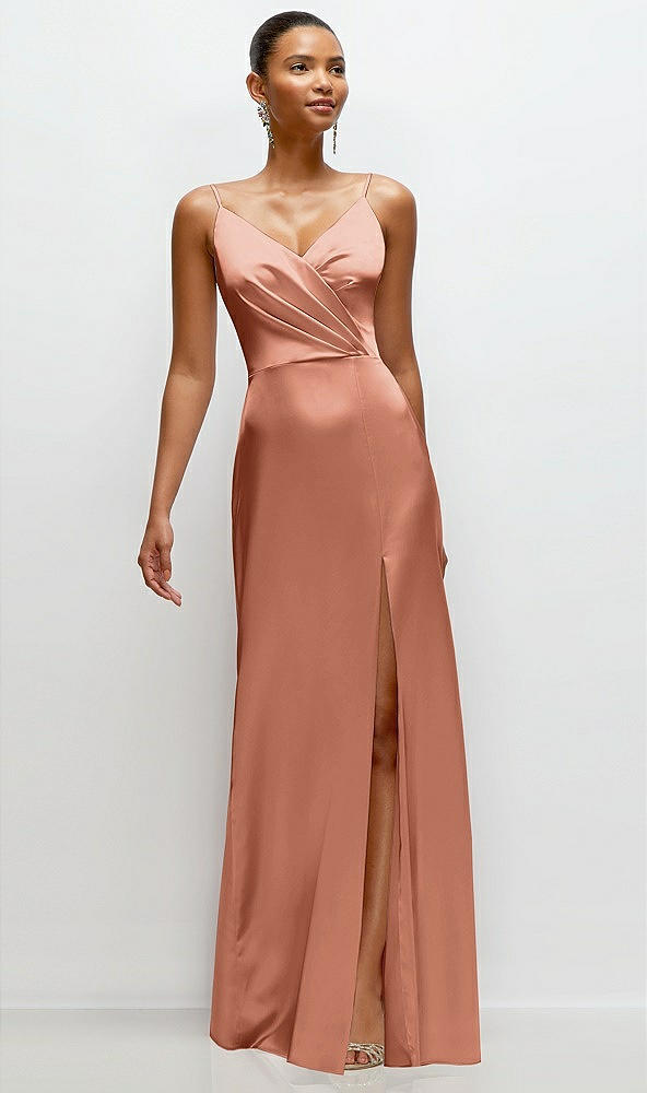 Front View - Copper Penny Pleated Faux Wrap Satin Maxi Dress with Adjustable Spaghetti Straps