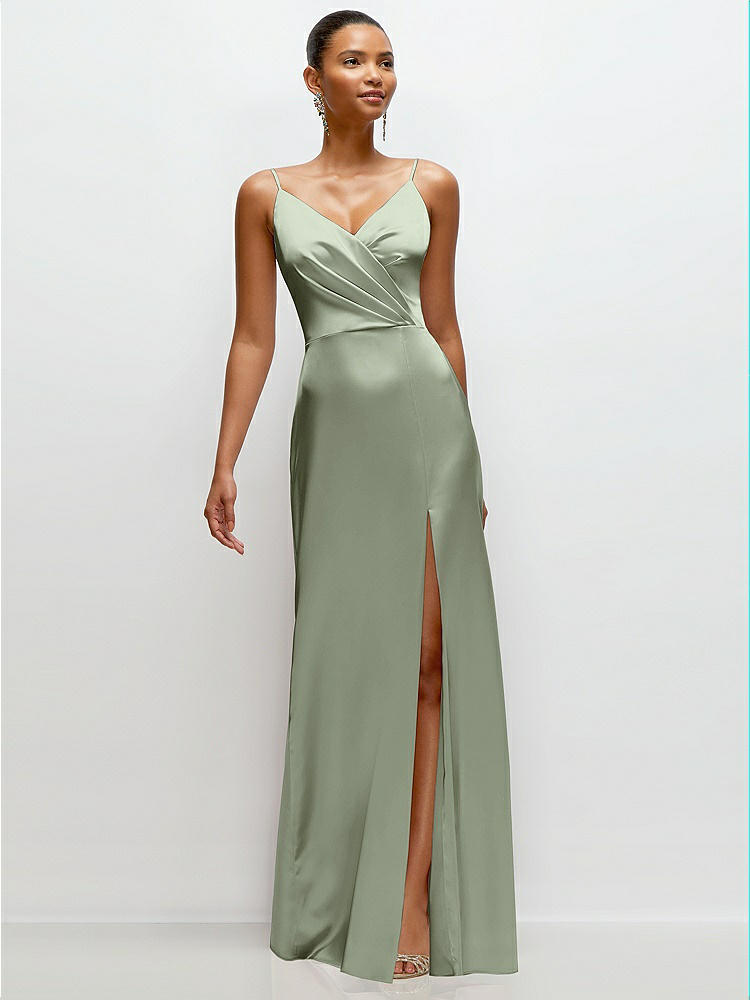 Asymmetrical Draped Pleat Wrap Satin Maxi Bridesmaid Dress