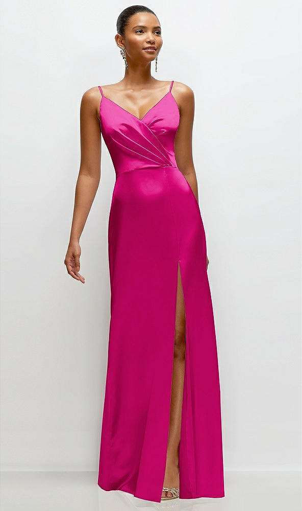 Front View - Think Pink Pleated Faux Wrap Satin Maxi Dress with Adjustable Spaghetti Straps