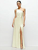 Front View Thumbnail - Butter Yellow Pleated One-Shoulder Satin Maxi Dress with A-Line Skirt